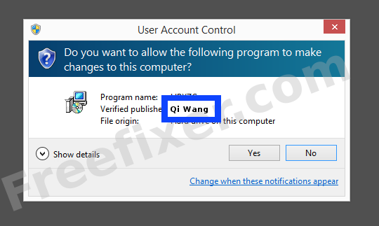 Screenshot where Qi Wang appears as the verified publisher in the UAC dialog